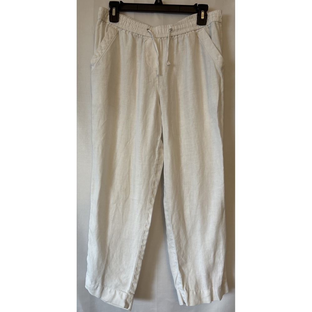 Jones NY Sport Women Capri Pants S White 100 %Linen Drawstring Pockets 30x24
